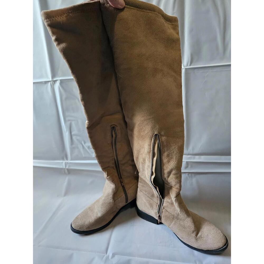 Tan Faux Suede Stretch over the Knee Thigh High Boots Tie Up size 8